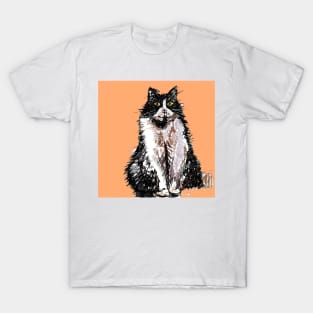 Tuxedo Cat Cute Drawing - on Apricot orange T-Shirt